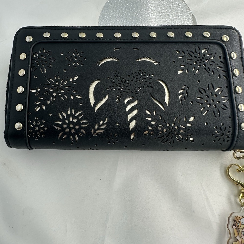 Unicorn Hollow Floral Wristlet Wallet Double Zip Around Stud RFID Blocking Black